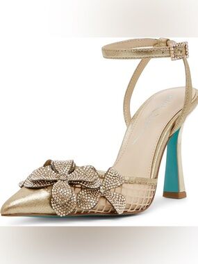 Betsey Johnson SOFYA gold Kitten heels - floral rhinestone prom wedding guest